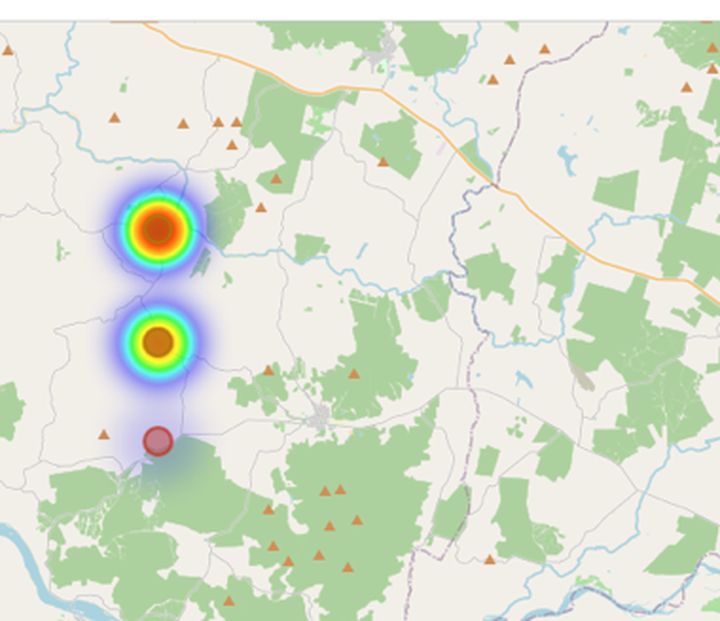 Mapa de calor de una comuna con los sectores donde se concentran los hechos.